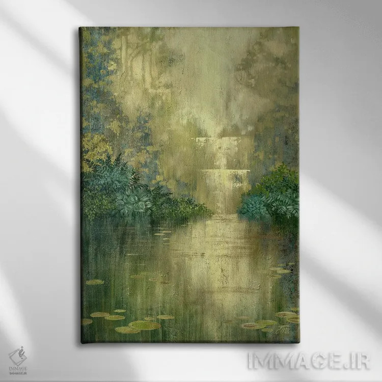 تابلو دکوراتیو حوضچه سبز کنار آبشار اثر اکاترینا پریسیچ - نمای روبهرو روی دیوار