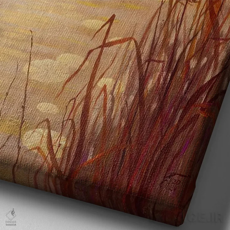 تابلو دکوراتیو حوضچه با نی در غروب اثر اکاترینا پریسیچ - نمای نزدیک بافت بوم