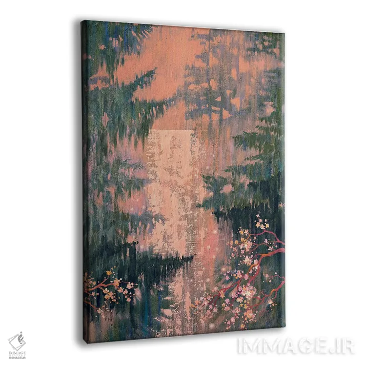 تابلو دکوراتیو آبشار میان درختان مخروطی و ساکورا اثر اکاترینا پریسیچ - نمای پرسپکتیو محصول