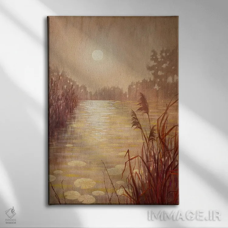 تابلو دکوراتیو حوضچه با نی در غروب اثر اکاترینا پریسیچ - نمای روبهرو روی دیوار