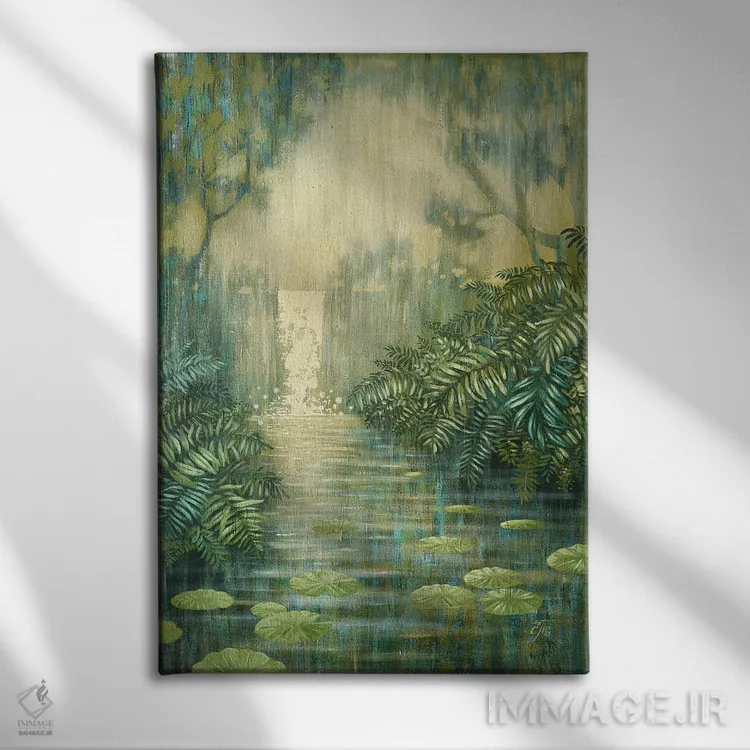 تابلو دکوراتیو آبشار میان سرخس های سبز اثر اکاترینا پریسیچ - نمای روبهرو روی دیوار