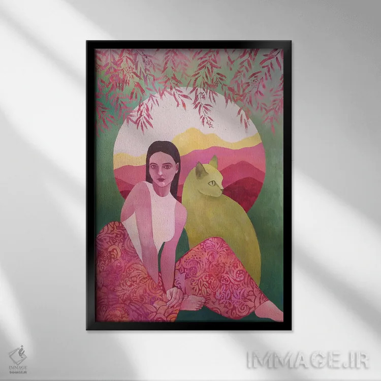 تابلو دکوراتیو دختر و گربه اثر اکاترینا پریسیچ - نمای قابدار مشکی