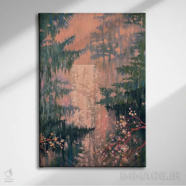 تابلو دکوراتیو آبشار میان درختان مخروطی و ساکورا اثر اکاترینا پریسیچ - نمای روبهرو روی دیوار