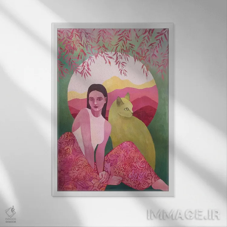 تابلو دکوراتیو دختر و گربه اثر اکاترینا پریسیچ - نمای قابدار سفید