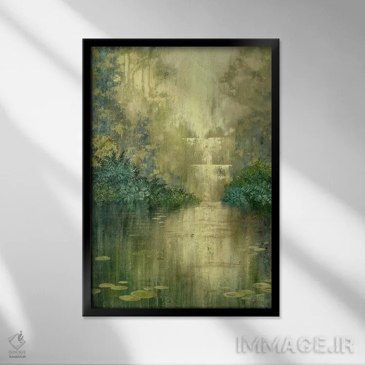 تابلو دکوراتیو حوضچه سبز کنار آبشار اثر اکاترینا پریسیچ - نمای قابدار مشکی