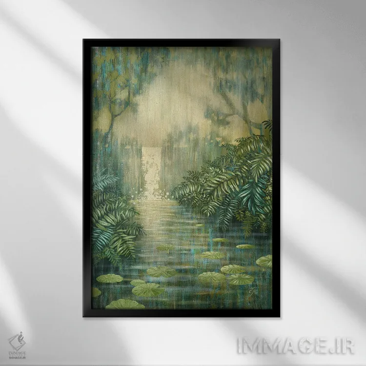 تابلو دکوراتیو آبشار میان سرخس های سبز اثر اکاترینا پریسیچ - نمای قابدار مشکی