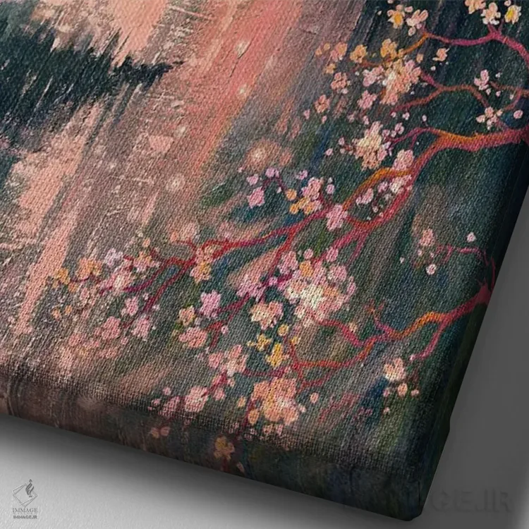 تابلو دکوراتیو آبشار میان درختان مخروطی و ساکورا اثر اکاترینا پریسیچ - نمای نزدیک بافت بوم