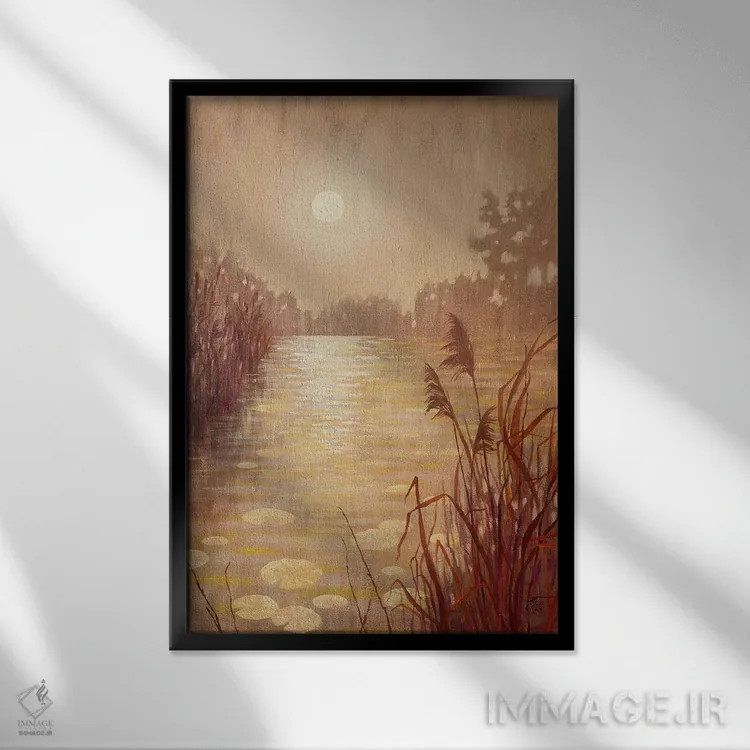 تابلو دکوراتیو حوضچه با نی در غروب اثر اکاترینا پریسیچ - نمای قابدار مشکی
