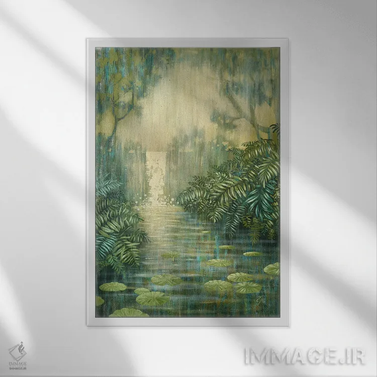 تابلو دکوراتیو آبشار میان سرخس های سبز اثر اکاترینا پریسیچ - نمای قابدار سفید