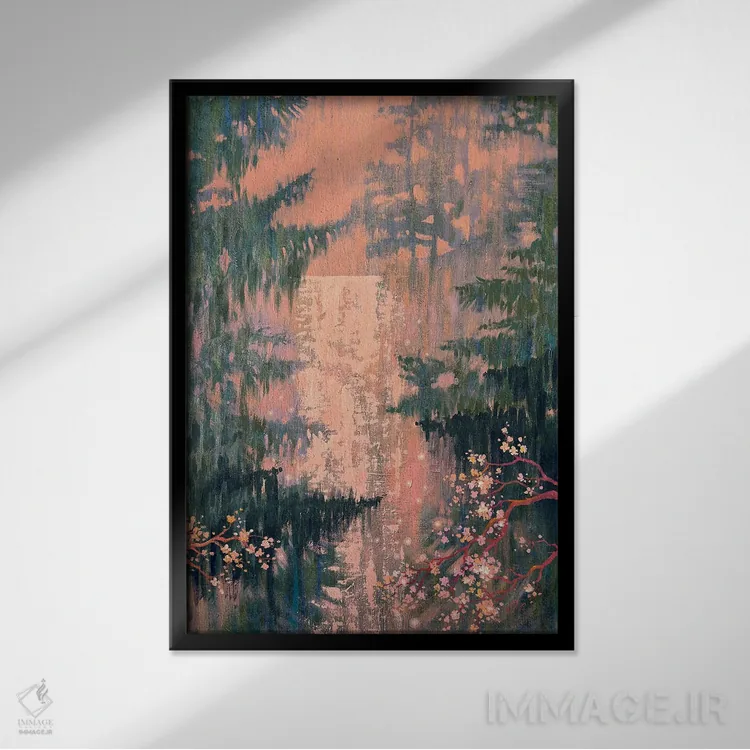 تابلو دکوراتیو آبشار میان درختان مخروطی و ساکورا اثر اکاترینا پریسیچ - نمای قابدار مشکی