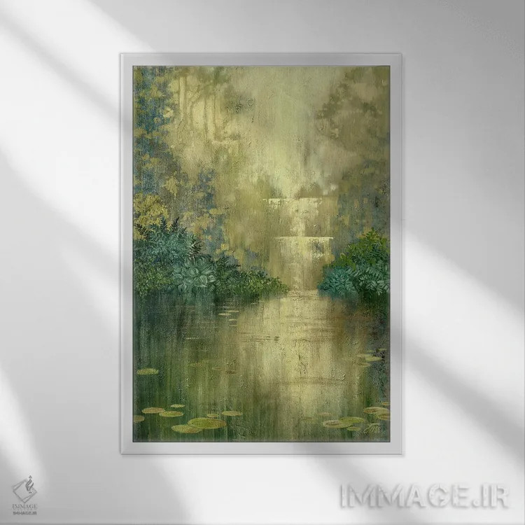 تابلو دکوراتیو حوضچه سبز کنار آبشار اثر اکاترینا پریسیچ - نمای قابدار سفید