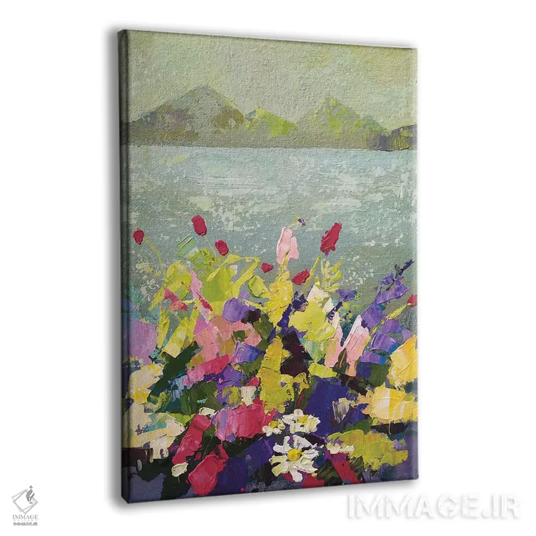 تابلو دکوراتیو گل های وحشی مقابل دریاچه کوهستانی اثر اکاترینا پریسیچ - نمای پرسپکتیو محصول