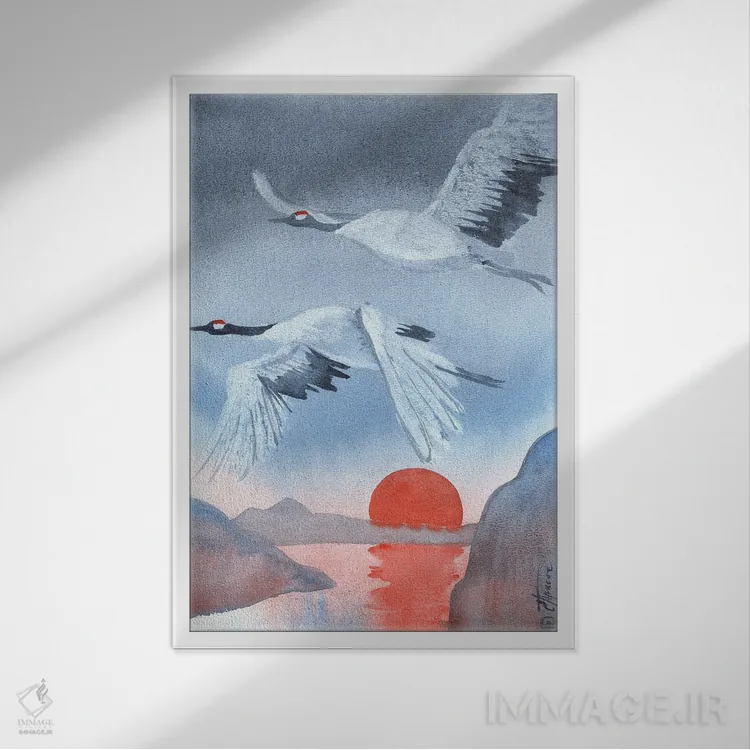 تابلو دکوراتیو درناهای ژاپنی اثر اکاترینا پریسیچ - نمای قابدار سفید