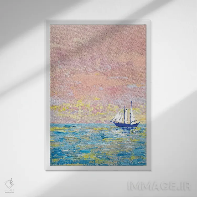 تابلو دکوراتیو منظره دریایی صورتی-آبی اثر اکاترینا پریسیچ - نمای قابدار سفید