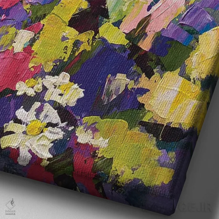 تابلو دکوراتیو گل های وحشی مقابل دریاچه کوهستانی اثر اکاترینا پریسیچ - نمای نزدیک بافت بوم