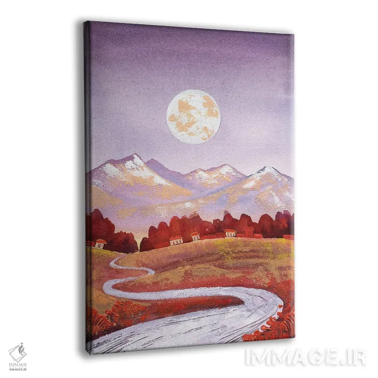تابلو دکوراتیو منظره کوه و رودخانه با ماه کامل و رنگ های بنفش و نارنجی اثر اکاترینا پریسیچ - نمای پرسپکتیو محصول