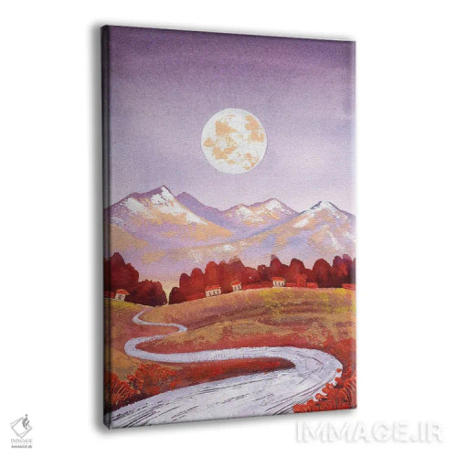 تابلو دکوراتیو منظره کوه و رودخانه با ماه کامل و رنگ های بنفش و نارنجی اثر اکاترینا پریسیچ - نمای پرسپکتیو محصول