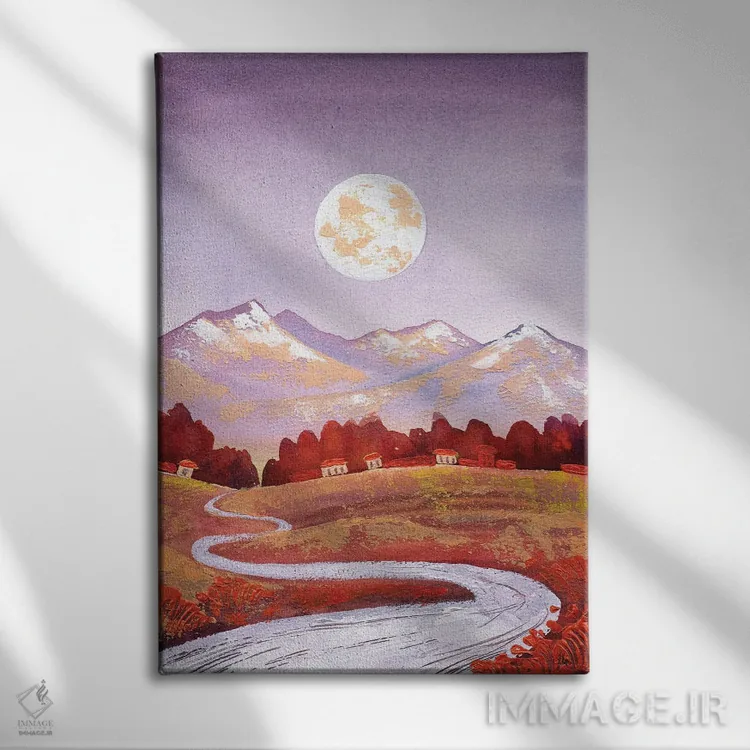 تابلو دکوراتیو منظره کوه و رودخانه با ماه کامل و رنگ های بنفش و نارنجی اثر اکاترینا پریسیچ - نمای روبهرو روی دیوار