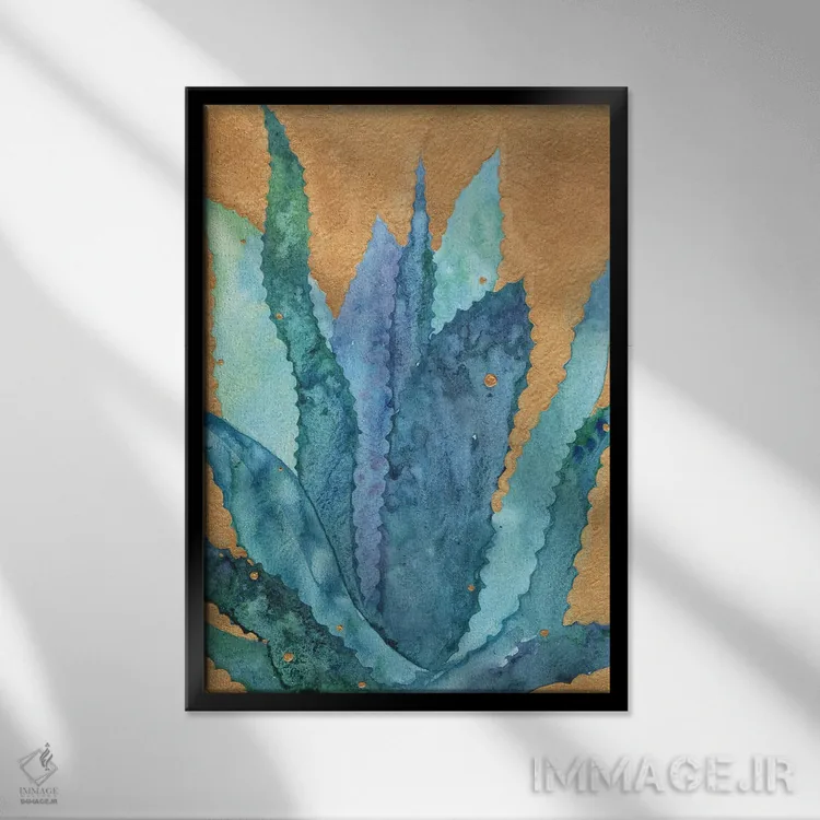 تابلو دکوراتیو آگاو روی پس زمینه طلایی اثر اکاترینا پریسیچ - نمای قابدار مشکی