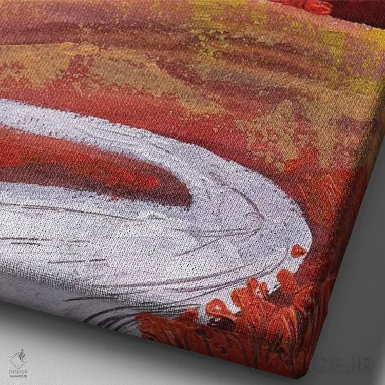 تابلو دکوراتیو منظره کوه و رودخانه با ماه کامل و رنگ های بنفش و نارنجی اثر اکاترینا پریسیچ - نمای نزدیک بافت بوم