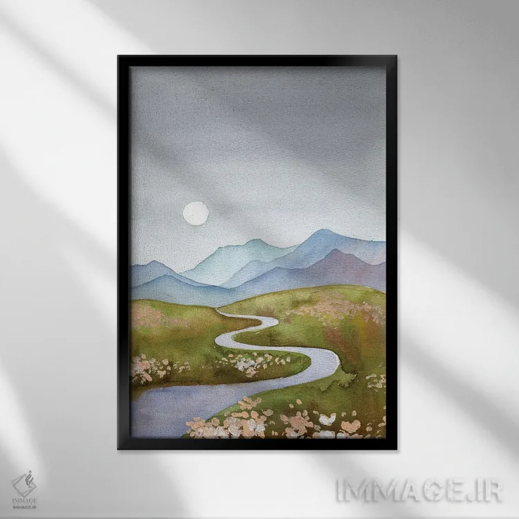 تابلو دکوراتیو تپه های آبی-خاکستری اثر اکاترینا پریسیچ - نمای قابدار مشکی