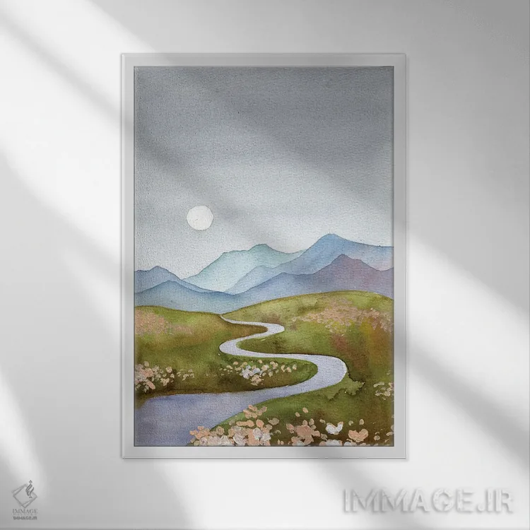 تابلو دکوراتیو تپه های آبی-خاکستری اثر اکاترینا پریسیچ - نمای قابدار سفید