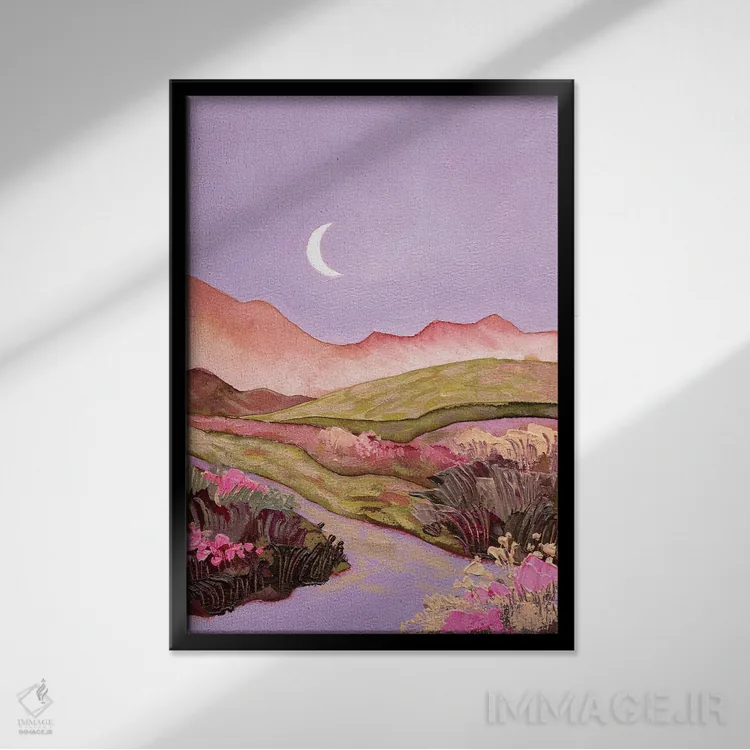 تابلو دکوراتیو آسمان یاسی و ماه بر فراز دشت های گل دار صورتی-سبز اثر اکاترینا پریسیچ - نمای قابدار مشکی