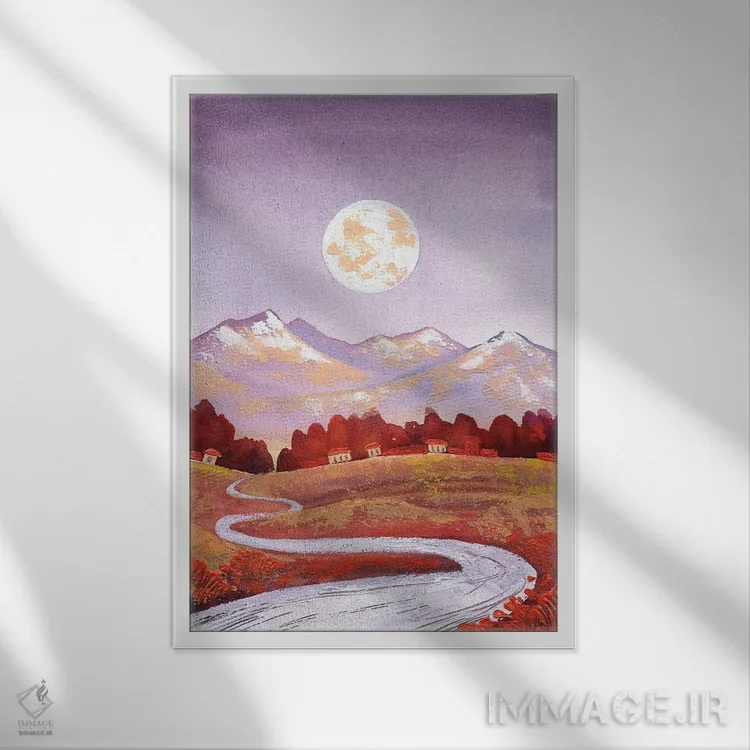 تابلو دکوراتیو منظره کوه و رودخانه با ماه کامل و رنگ های بنفش و نارنجی اثر اکاترینا پریسیچ - نمای قابدار سفید