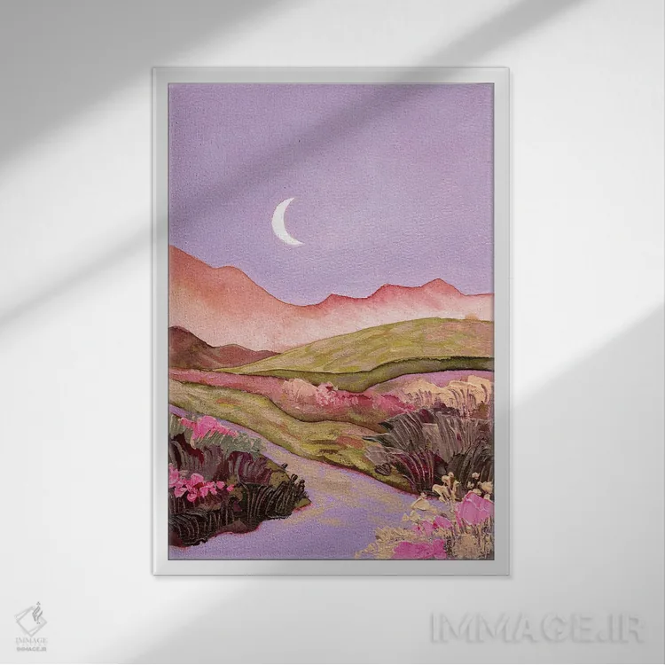 تابلو دکوراتیو آسمان یاسی و ماه بر فراز دشت های گل دار صورتی-سبز اثر اکاترینا پریسیچ - نمای قابدار سفید