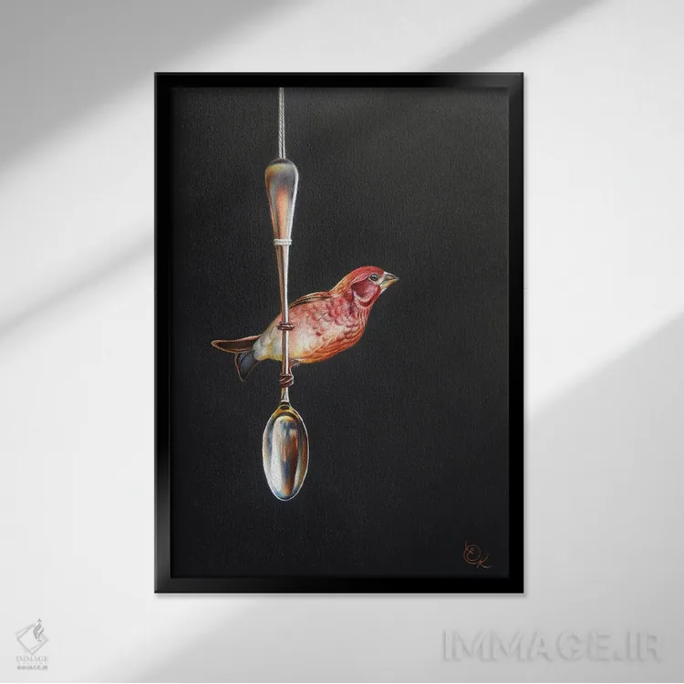 تابلو دکوراتیو قاشق آنتیک و فنچ اثر النا کولوتوشا - نمای قابدار مشکی