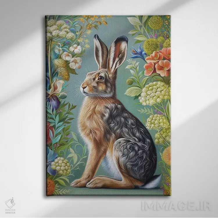 تابلو دکوراتیو خرگوش گل دار اثر النا کولوتوشا - نمای روبهرو روی دیوار