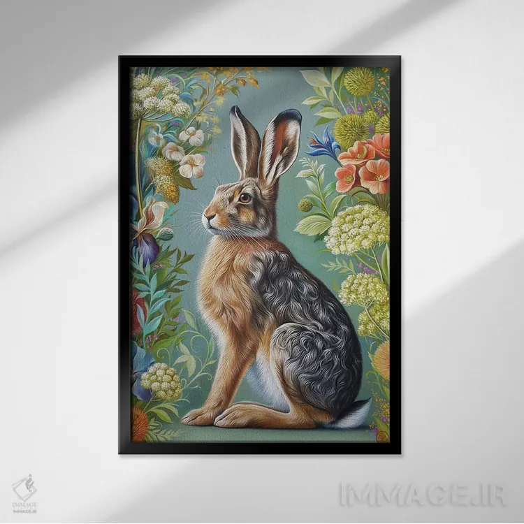 تابلو دکوراتیو خرگوش گل دار اثر النا کولوتوشا - نمای قابدار مشکی