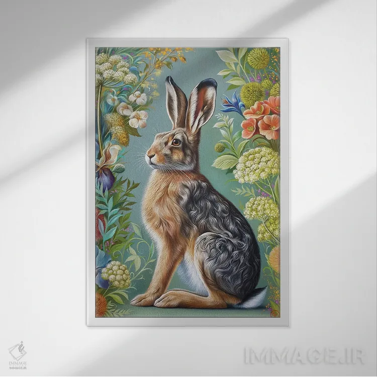 تابلو دکوراتیو خرگوش گل دار اثر النا کولوتوشا - نمای قابدار سفید