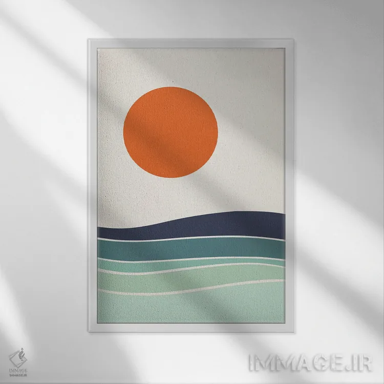 تابلو مینیمال خورشید نارنجی بر دریای مینیمال اثر ام سی دیزاین لب - نمای قابدار سفید