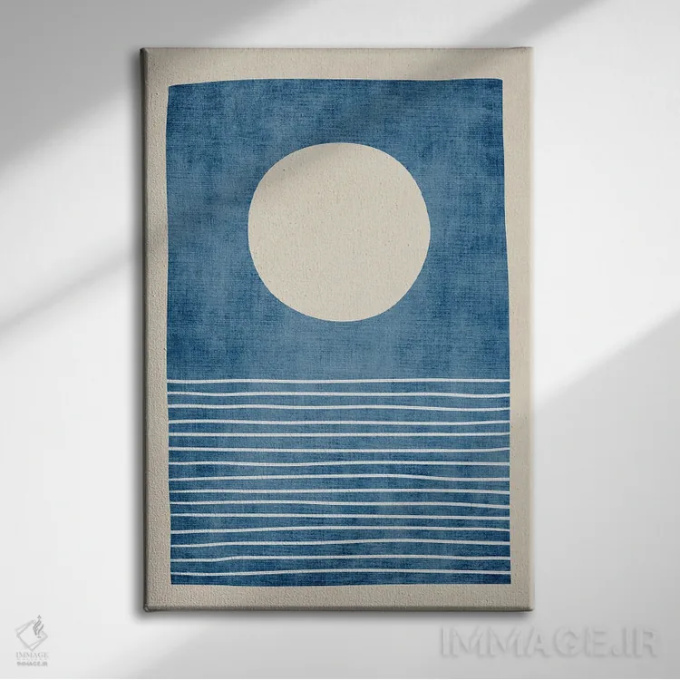 تابلو مینیمال منظره دریایی ماه کامل آبی و سفید اثر ام سی دیزاین لب - نمای روبهرو روی دیوار