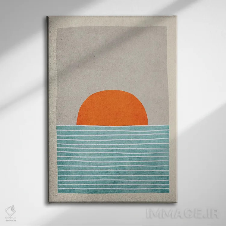 تابلو مینیمال غروب دریایی خورشید نارنجی اثر ام سی دیزاین لب - نمای روبهرو روی دیوار