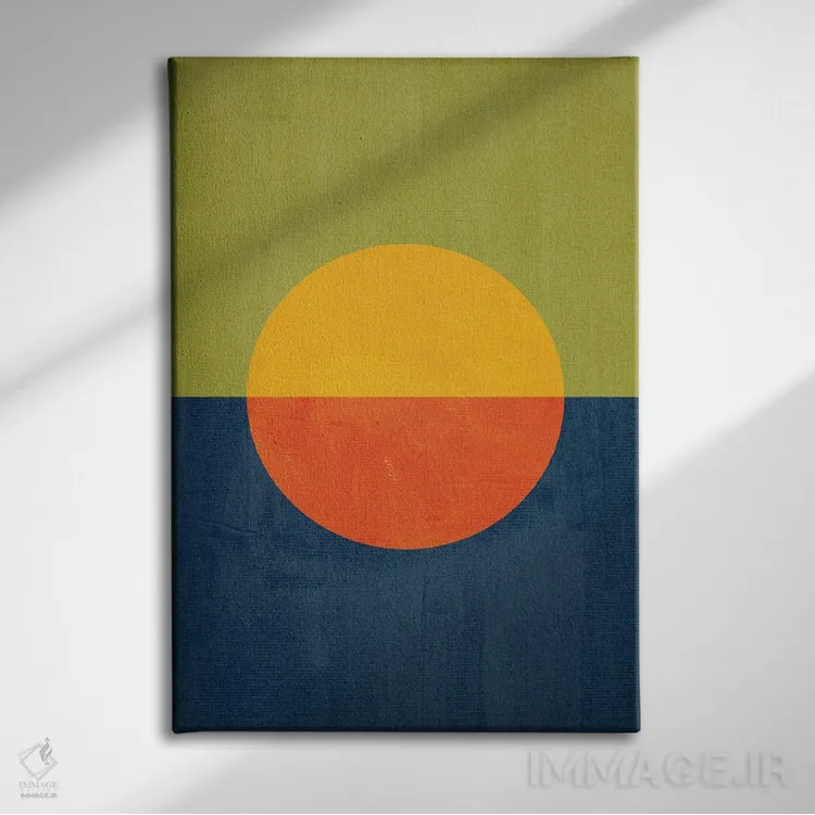 تابلو مینیمال منظره آفتاب نارنجی زرد سبز و سرمه ای اثر ام سی دیزاین لب - نمای روبهرو روی دیوار