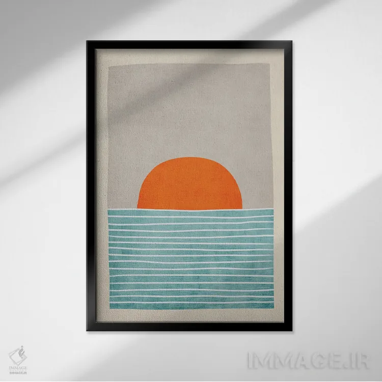 تابلو مینیمال غروب دریایی خورشید نارنجی اثر ام سی دیزاین لب - نمای قابدار مشکی