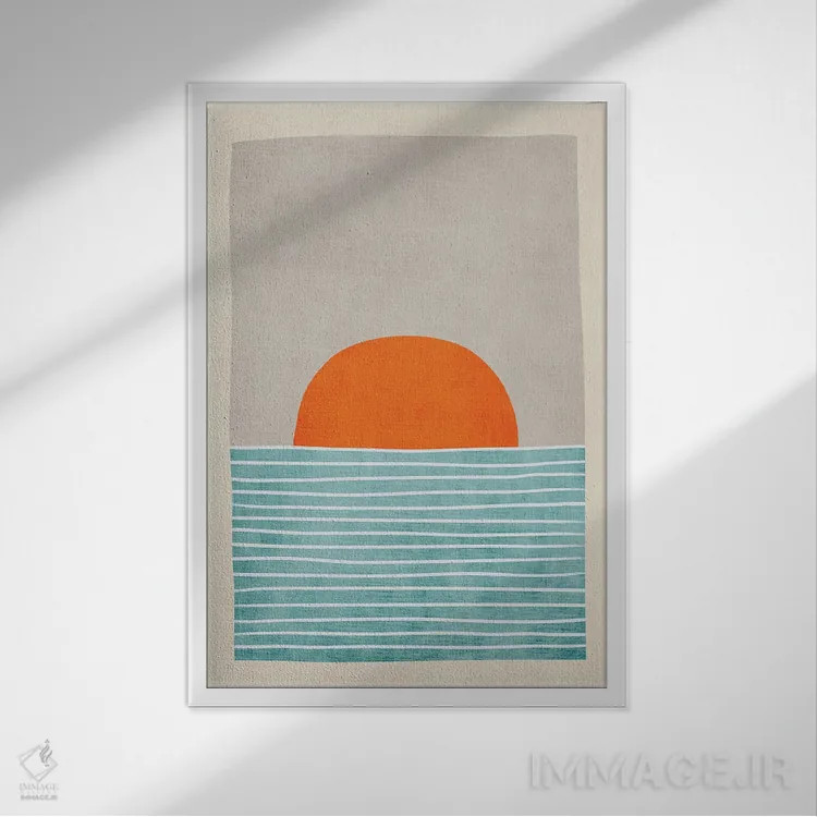 تابلو مینیمال غروب دریایی خورشید نارنجی اثر ام سی دیزاین لب - نمای قابدار سفید