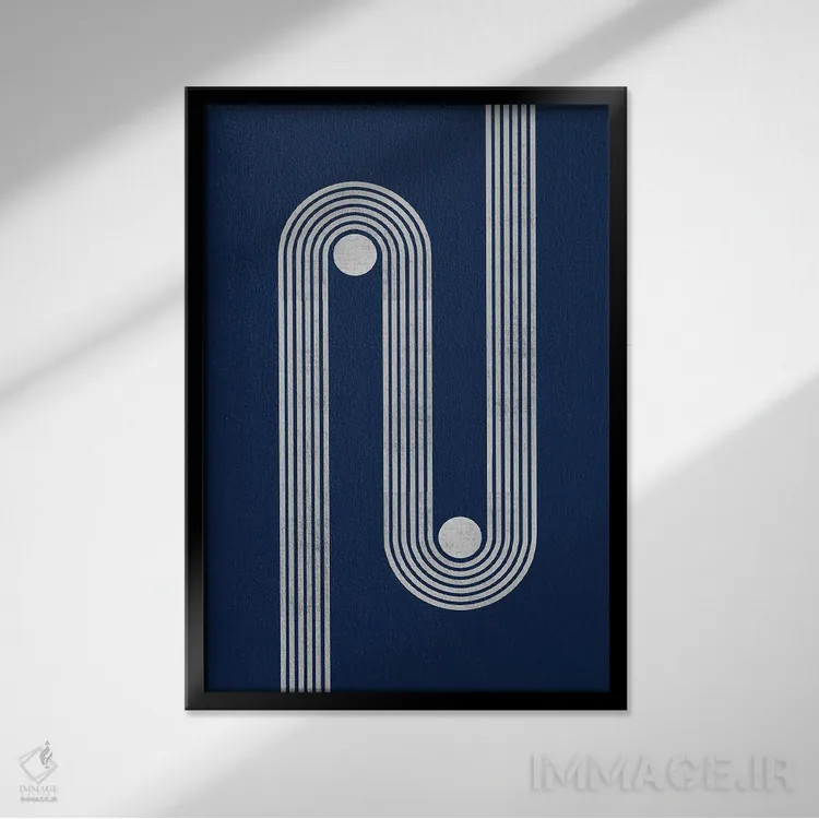 تابلو مینیمال خطوط و نقطه های رترو سرمه ای II اثر ام سی دیزاین لب - نمای قابدار مشکی