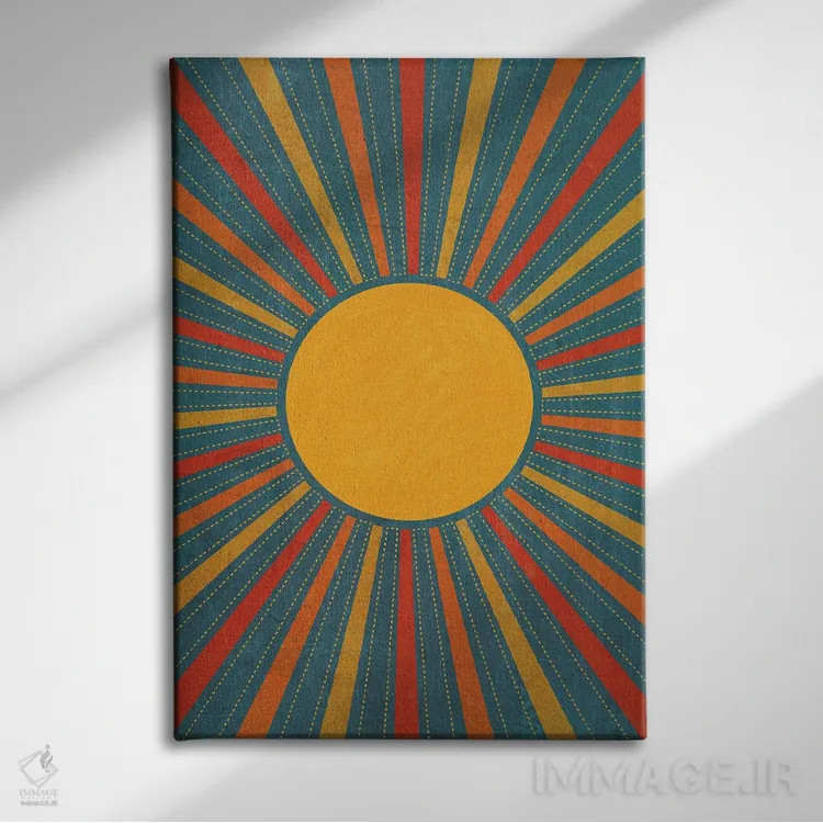 تابلو انتزاعی انفجار خورشیدی رترو سبزآبی زرد قرمز اثر ام سی دیزاین لب - نمای روبهرو روی دیوار