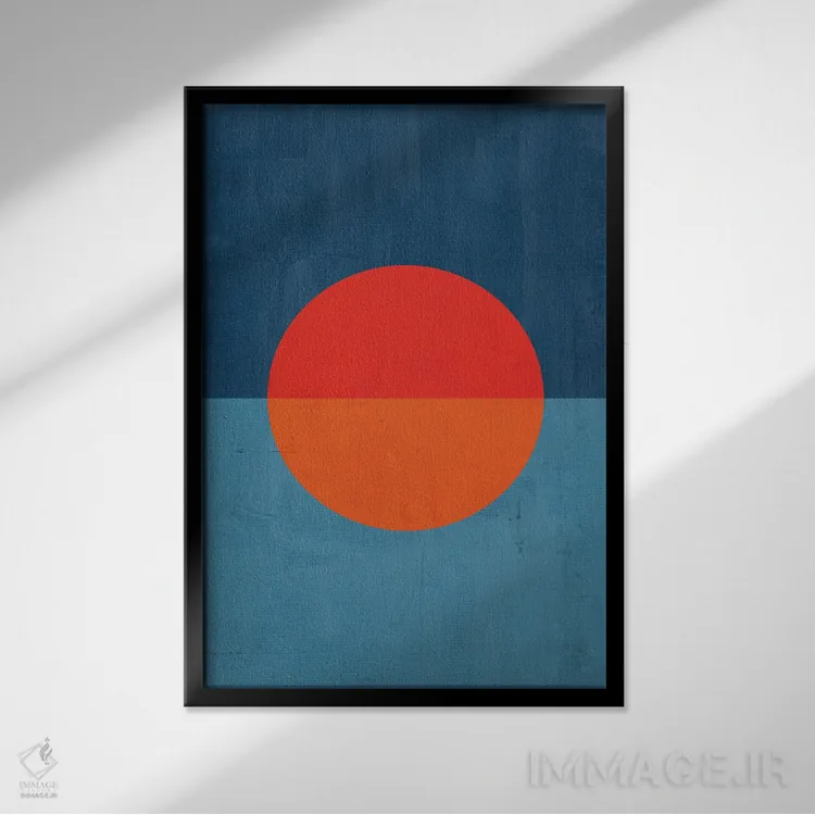 تابلو مینیمال خورشید نارنجی قرمز آبی اثر ام سی دیزاین لب - نمای قابدار مشکی