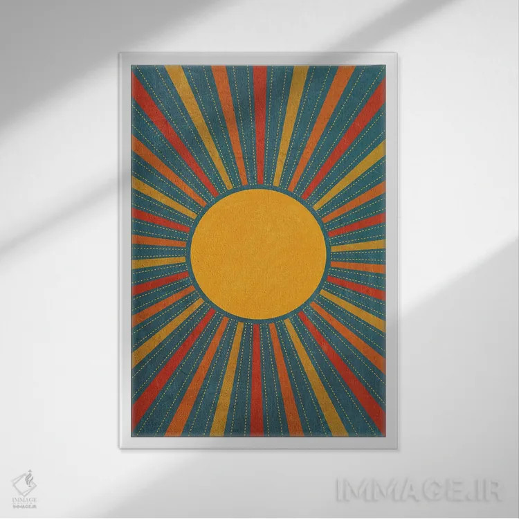 تابلو انتزاعی انفجار خورشیدی رترو سبزآبی زرد قرمز اثر ام سی دیزاین لب - نمای قابدار سفید