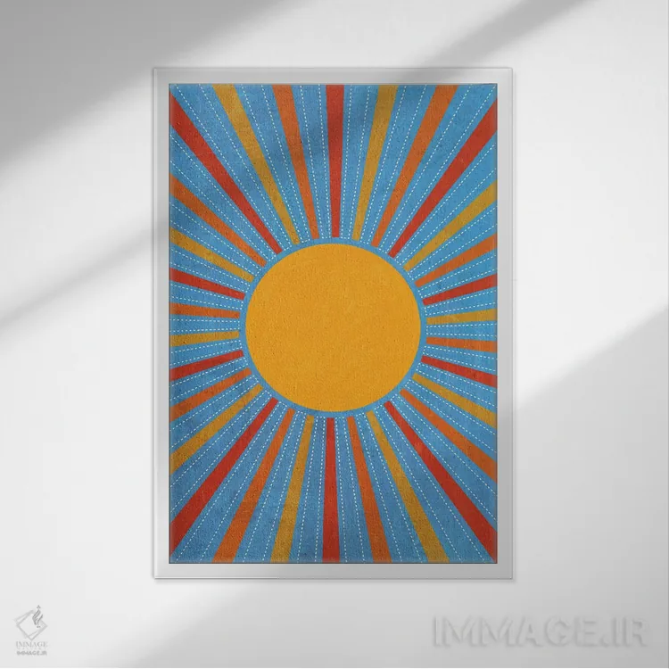 تابلو مینیمال خورشید زرد قدیمی با پرتوهای نور اثر ام سی دیزاین لب - نمای قابدار سفید