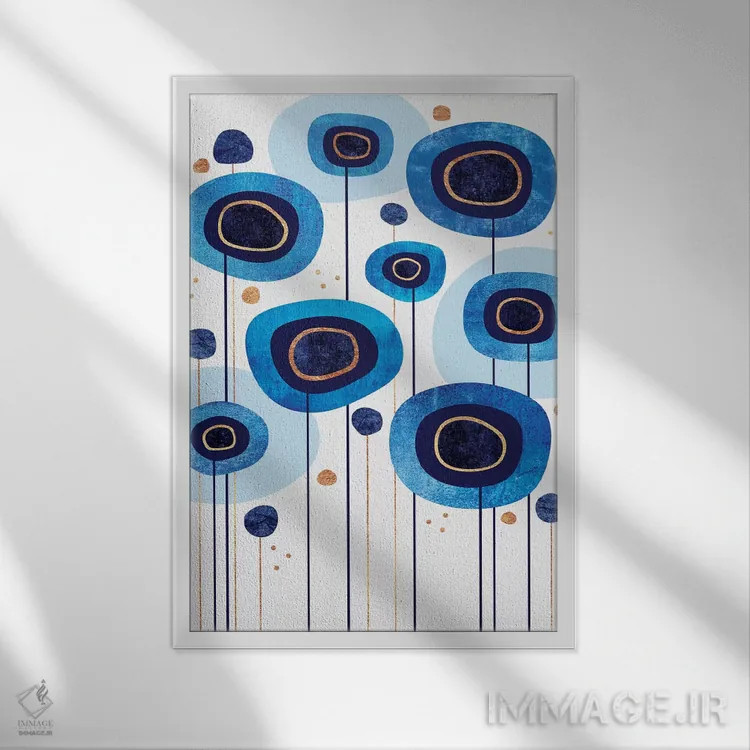 تابلو انتزاعی آبی های گل دار اثر الیزابت فردریکسون - نمای قابدار سفید