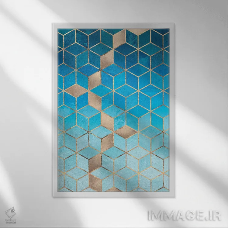 تابلو انتزاعی مکعب های دریا و آسمان اثر الیزابت فردریکسون - نمای قابدار سفید
