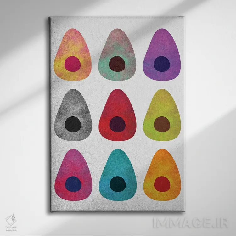 تابلو مینیمال آووکادوهای رنگارنگ اثر الیزابت فردریکسون - نمای روبهرو روی دیوار