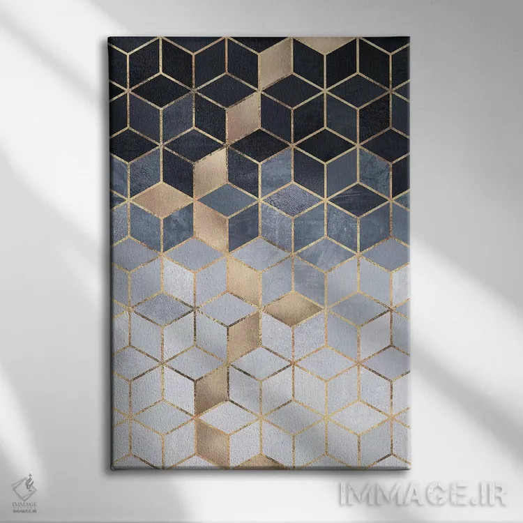 تابلو انتزاعی Rectangular,مکعب های گرباورها آبی ملایم، مستطیلی اثر الیزابت فردریکسون - نمای روبهرو روی دیوار