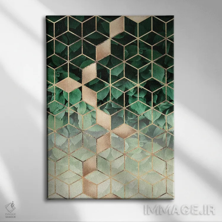 تابلو انتزاعی برگ ها و مکعب ها اثر الیزابت فردریکسون - نمای روبهرو روی دیوار