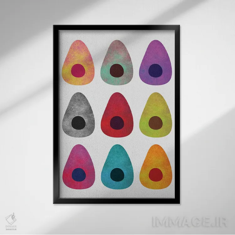 تابلو مینیمال آووکادوهای رنگارنگ اثر الیزابت فردریکسون - نمای قابدار مشکی